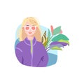Round avatar realistic blonde with glasses. Vector illustration.