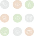 Round baby icons, thin white lines on a light green, blue, pink background