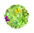 Round background with green leaves, butterflies. Watercolor Royalty Free Stock Photo