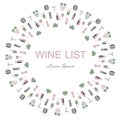 Round background for Wine list, Lorem Ipsum. Blue pink, green bottles, grapes, corkscrews, wine leafs, glasses, cellars, tastings