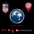 Round Vector Badge with South Carolina US State Flag. Pennant Flag of USA. Map Pointer - USA. Map Navigation Icons