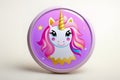 A round badge of a unicorn on it