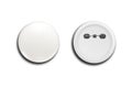 Round badges. White plastic badge mockup, isolated buttons witn pins. Realistic round magnet with metallic blank back side. Royalty Free Stock Photo