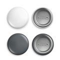 Round badges. White plastic badge mockup, isolated buttons witn pins. Realistic round magnet with metallic blank back