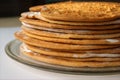 Round baked cake layers stacked on a plate