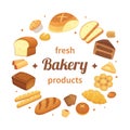 Round bakery products label. Fresh baked bread, pumpernickel breakfast rolls and baking loaf. Breads labels vector