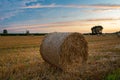 Round bale of hay in the field and the sky after sunset Royalty Free Stock Photo