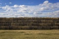Round bales a stack of dry yellow hay lie in smooth rows on a meadow of grass against a blue sky and white clouds Royalty Free Stock Photo