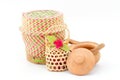 Round bamboo basket and clay pot