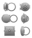 Round bank doors. Closed and open different types of steel door for bank handle valves treasures protection decent