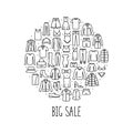 Round banner Big Sale with man and woman clothes and accessories icon, vector illustration Royalty Free Stock Photo