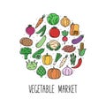 Round banner with color icons of vegetables. Design for market and store, vector illustration Royalty Free Stock Photo