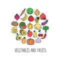 Round banner with color vegetables, fruits and berries icons. Design for market and store, vector illustration