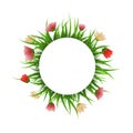 Round banner with grass and red flowers. Vector