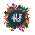 Round banner with the Hello Autumn logo. Card for fall season with white frame and herb. Promotion offer with autumnal