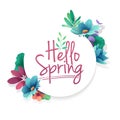 Round banner with the Hello Spring logo. Card for spring season with white frame and herb. Promotion offer with spri