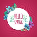 Round banner with the Hello Spring logo. Card for spring season with white frame and herb. Promotion offer with spri
