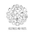 Round banner with vegetables, fruits and berries icons in linear style. Design for market and store, vector illustration Royalty Free Stock Photo