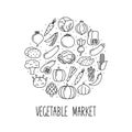 Round banner with vegetables icons in linear style. Design for market and store, vector illustration Royalty Free Stock Photo