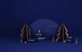 Round base podium, ball gold and blue circle gift box with tree for christmas and new year abstract background Royalty Free Stock Photo