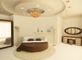 Round bed with a suspended ceiling in bedroom