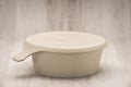 Round, Beige Flat Base Soup Bowl with Cover On