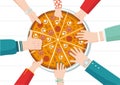 Round big pizza, slices triangle, italian restaurant menu, snack food ingredients for pizza. Family party. Dinner with