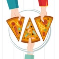 Round big pizza, slices triangle, italian restaurant menu. Family party. Dinner with friends. Everyone takes a piece