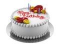 Round birthday cake with candles isolated on white