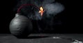 Round black bomb with lit fuse burning, sparking, and smoking. Bomb about to detonate symbolizing destruction, threats, or