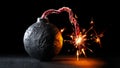 Round black bomb with lit fuse burning with sparks. Bomb about to detonate symbolizing destruction, threats, or dangerous violence