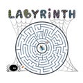 Round black labyrinth with spider, fly and web on white background. Children s maze. Game for kids. Children s puzzle for hallowee