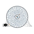 Round black labyrinth with spider, fly and web on white background. Children s maze. Game for kids. Children s puzzle for hallowee