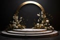 A round black podium with a gold rim displays colorful flowers on a gray background, Luxury style
