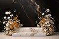 A round black podium with a gold rim displays colorful flowers on a gray background, Luxury style