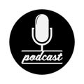 round black and white PODCAST icon or logo with recording microphone