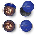 Round blue barbecue grill top view realistic vector illustration set. Burning coals. Royalty Free Stock Photo