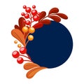 Round blue frame with red and orange leaves berries. Vector illustration.