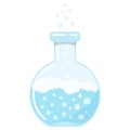 Round blue glass lab flask with chemical boiling bubbling liquid reaction flat design vector icon isolated on white