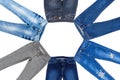 Round Blue jeans denim set isolated on white background with copy space. Top view and mock up clothes. Male female pants collage Royalty Free Stock Photo