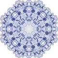 Round blue lace doily mandala with swirls, flowers and foliage. Styling oriental motifs.
