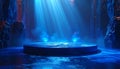 Round Blue Stage Platform in a Rocky Cave with Blue Light Rays podium circular Royalty Free Stock Photo