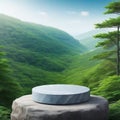 Round bluish stone podium on rock platform flat rock pedestal for product green forest and blue horizon on the scenery soft daily