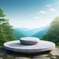 Round bluish stone podium on rock platform flat rock pedestal for product green forest and blue horizon on the scenery soft daily