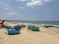 Round boat with fishing equipment in Mui Ne, Vietnam