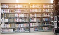 Round bookshelf in public library over Blur libraries Natural Background, bokeh out of focus Book stack in research room, blurred Royalty Free Stock Photo