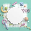 A round border frame with a copy space on white background. Abstract composition in pastel colors with primitive geometric shapes.