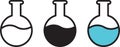 Round bottom flask icons with liquid in outline solid and color versions Royalty Free Stock Photo