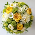 round bouquet made of yellow peonies , white anemones, chamomille flowers, and green japanese hidrangea, Wedding floral design