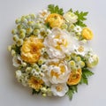 round bouquet made of yellow peonies , white anemones, chamomille flowers, and green japanese hidrangea, Wedding floral design